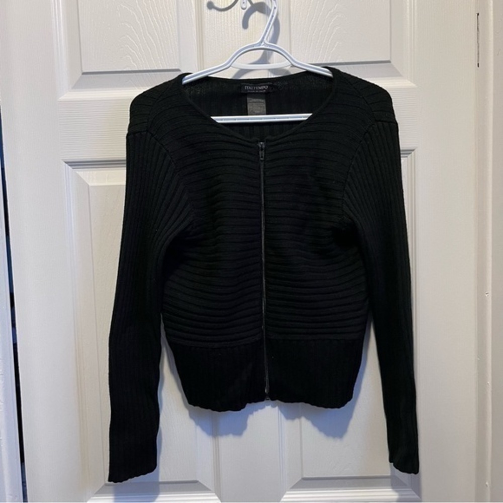 💥3/25$ Italtempo Merino wool Small Women vest zip full black cardigan sweater